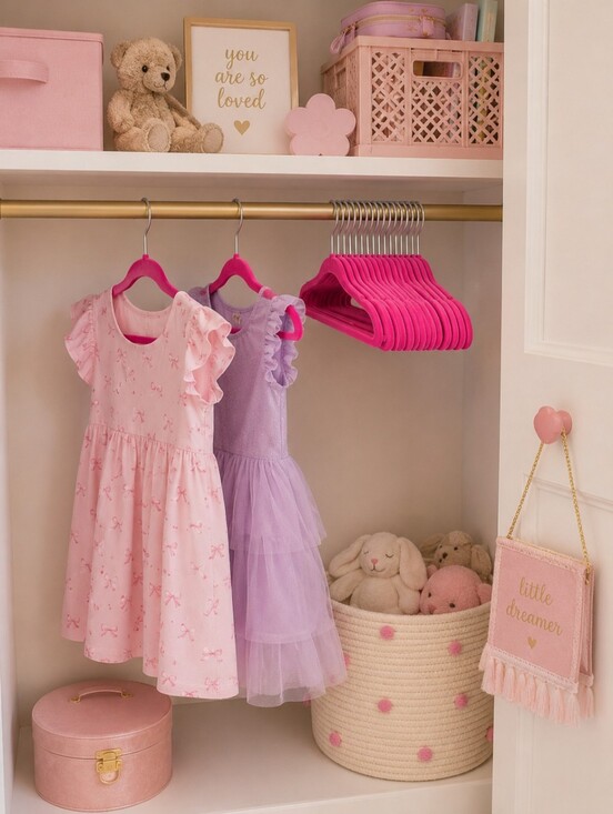 Other - Set of 27 hot pink velvet flocked Girl’s hangers Slim Line Kids Size